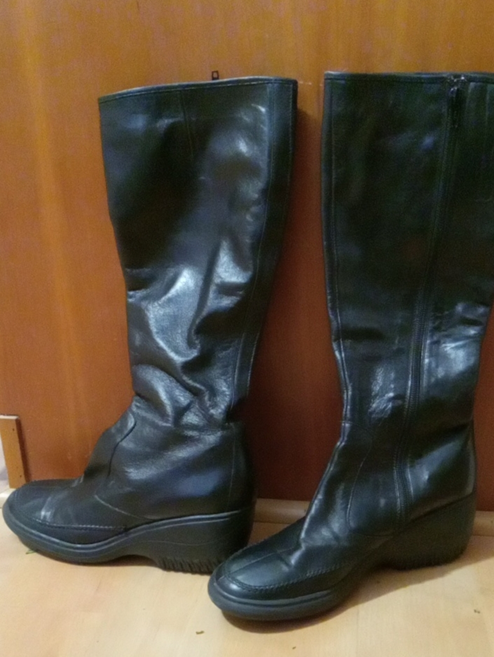 Via Spiga Black Leather Knee-High Wedge Boots